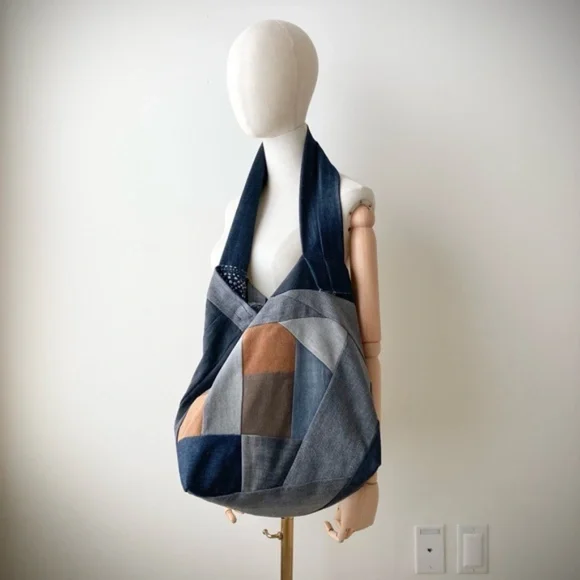 joodito japanese boro rustic patchwork denim crossbody bag shoulder hobo tote - Picture 6 of 8